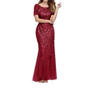 NEW! Slim Fit Evening Formal Mermaid Sheer Red Maxi Dress Sequin Leaves Sz. M